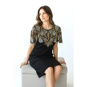 Vintage Laurence Kazar New York Black Beaded Cocktail Dress Gold Silver Pearl XL